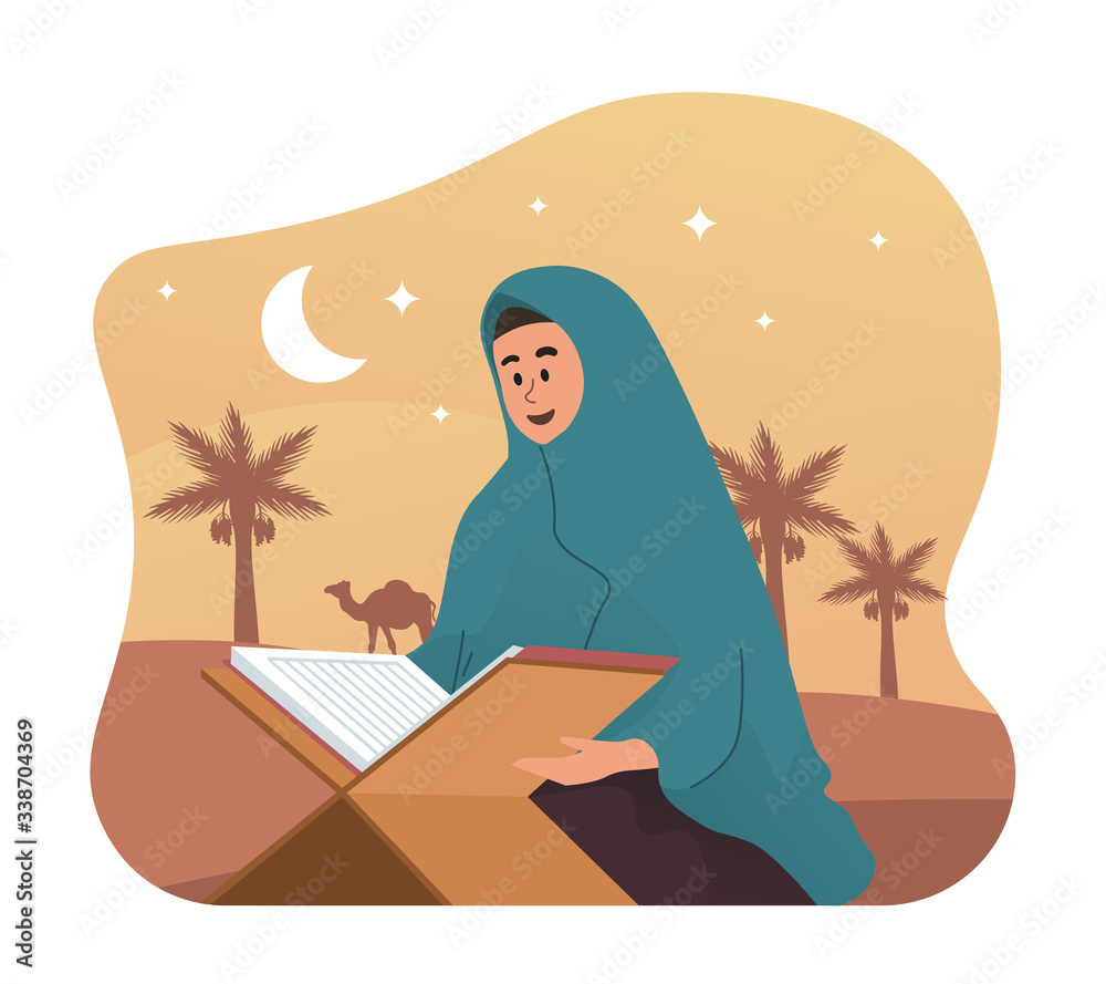 Muslim woman reading holy quran. Ramadan kareem flat cartoon