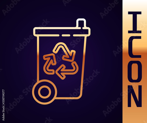Gold line Recycle bin with recycle symbol icon isolated on black background. Trash can icon. Garbage bin sign. Recycle basket sign.  Vector Illustration