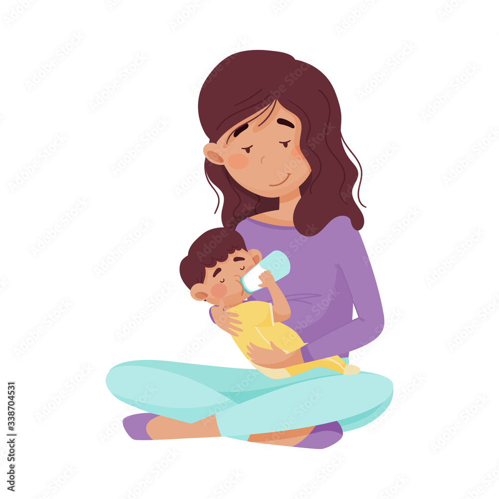 Female Mother Sitting and Bottle Feeding Her Baby Vector Illustration