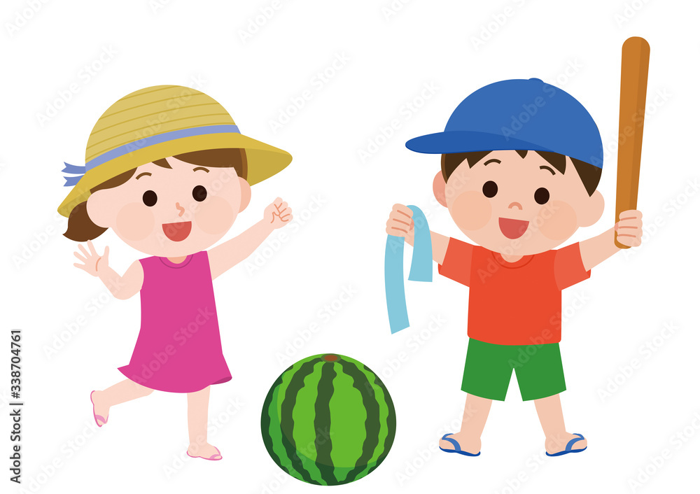 夏休み スイカ割り 男女 子供 イラスト Stock Vector Adobe Stock