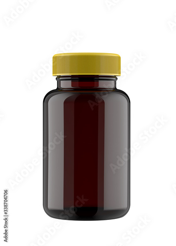Amber Brown Transparent Plastic Bottle with Yellow Lid for Pills Packing. 3D Render Isolated on White Background.