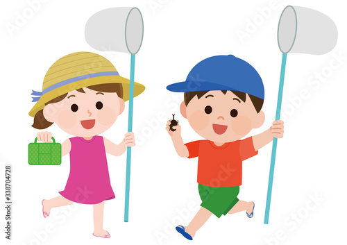 夏休み　虫取り　男女　子供　イラスト