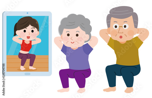 オンライン　動画配信　運動　シニア男女　イラスト
