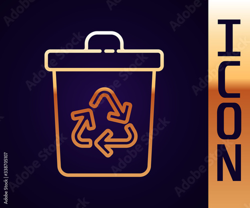 Gold line Recycle bin with recycle symbol icon isolated on black background. Trash can icon. Garbage bin sign. Recycle basket sign.  Vector Illustration
