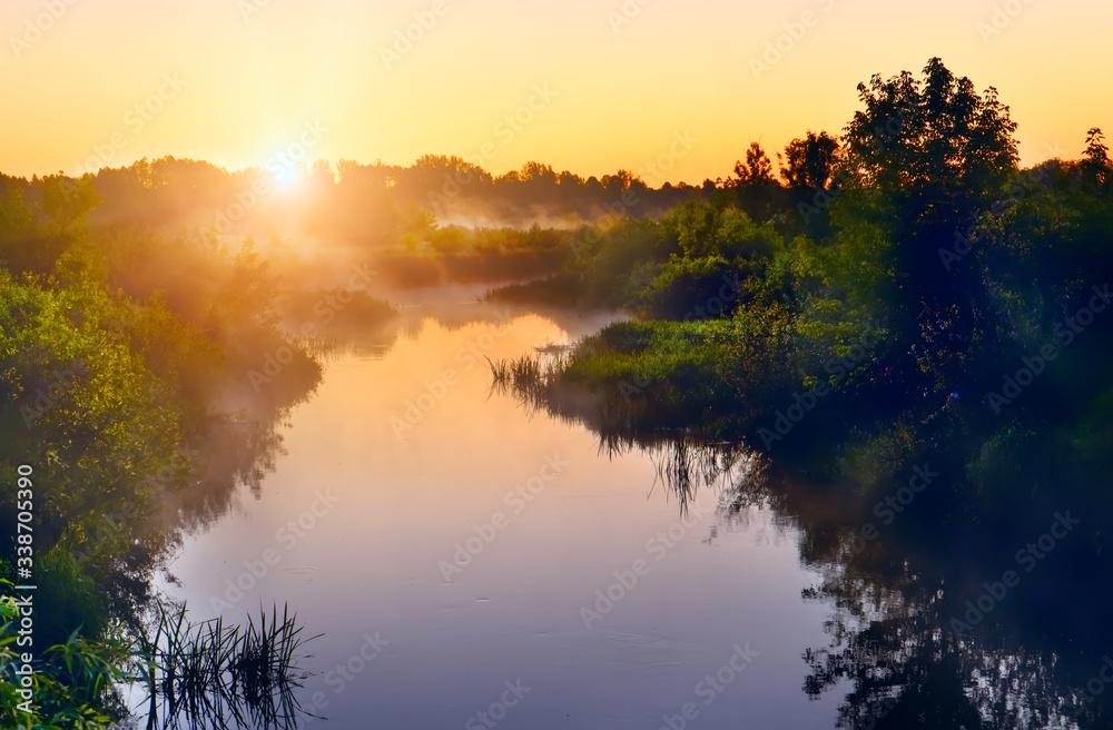 Obraz premium River in the early morning at dawn. Delicate dawn sky and fog rising above the water, lush greenery on the banks. Summer spring wild landscape by the river. Selective soft focus.