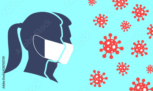 Man and Woman profile face silhouette in medical mask with virus cell in the air. Virus and flu protection, Coronavirus prevention and quarantine concept. Vector illustration.