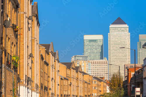 Canary Wharf cityscape seen from Rotherhithe in London