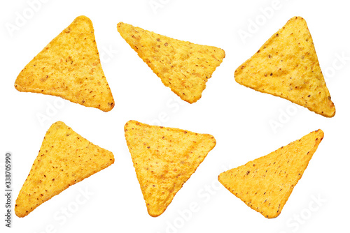 Collection of mexican nachos chips, isolated on white background photo