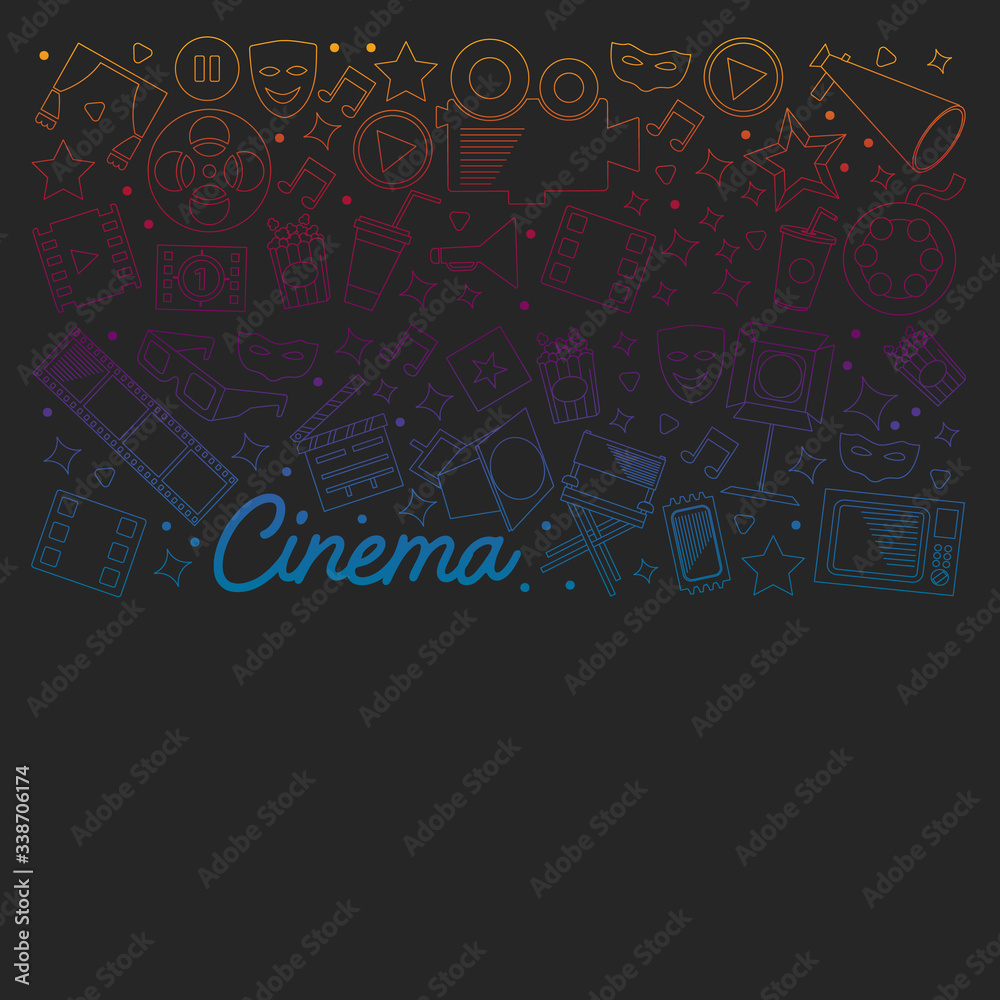 Cinema, video. Doodle set of vector icons. Megaphone, camera, movie. Musical theathre, entertaiment. Cinema, video. Doodle set of vector icons. Megaphone, camera, movie. Musical theathre, entertaiment.