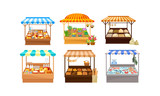 Street Market Stalls and Stands with Various Products like Fish and Bread Vector Set
