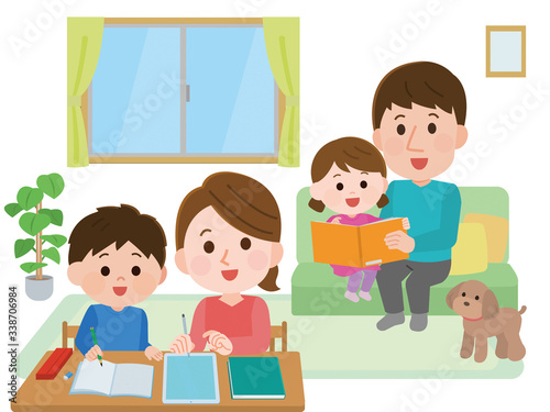 家族　家の中　団らん　遊ぶ　学ぶ　イラスト