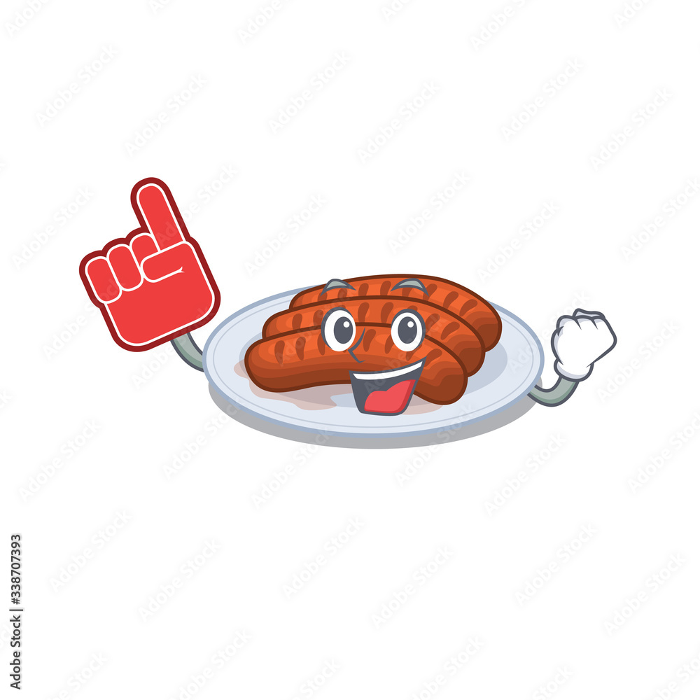 Fototapeta premium Grilled sausage presented in cartoon character design with Foam finger