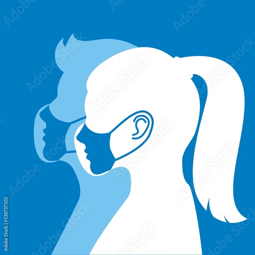 Face silhouette of a guy and a girl together in respirators photo