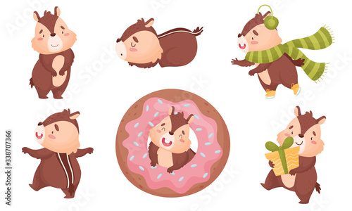Fluffy Chipmunk Carrying Gift Box and Figure Skating Vector Set