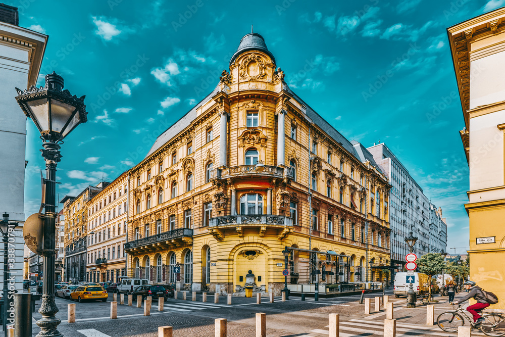 BUDAPEST,HUNGARY-MAY 04,2016: Beautiful landscape and urban view of the Budapest, one of  beautiful city: street's, peoples on street's, historical and modern buildings.