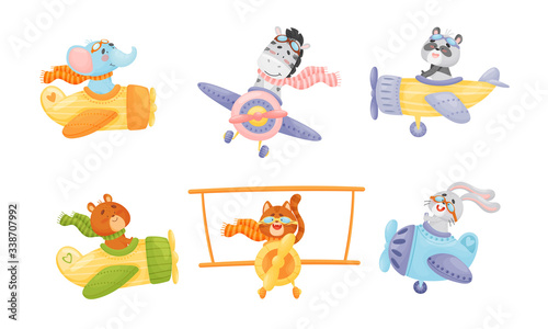 Cute Animals Wearing Aviator Goggles Flying an Airplane with Scarf Fluttering Behind Vector Set