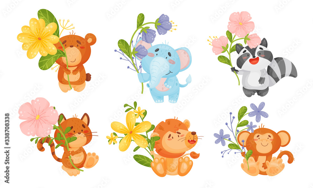 Fototapeta premium Cute Animals Holding Flower on Stalk with Their Paws Isolated on White Background Vector Set