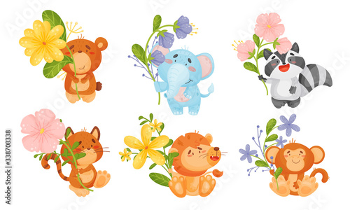 Cute Animals Holding Flower on Stalk with Their Paws Isolated on White Background Vector Set