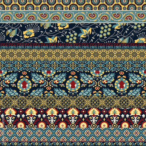 Indian silk arabesque floral print fabric patchwork vector seamless pattern