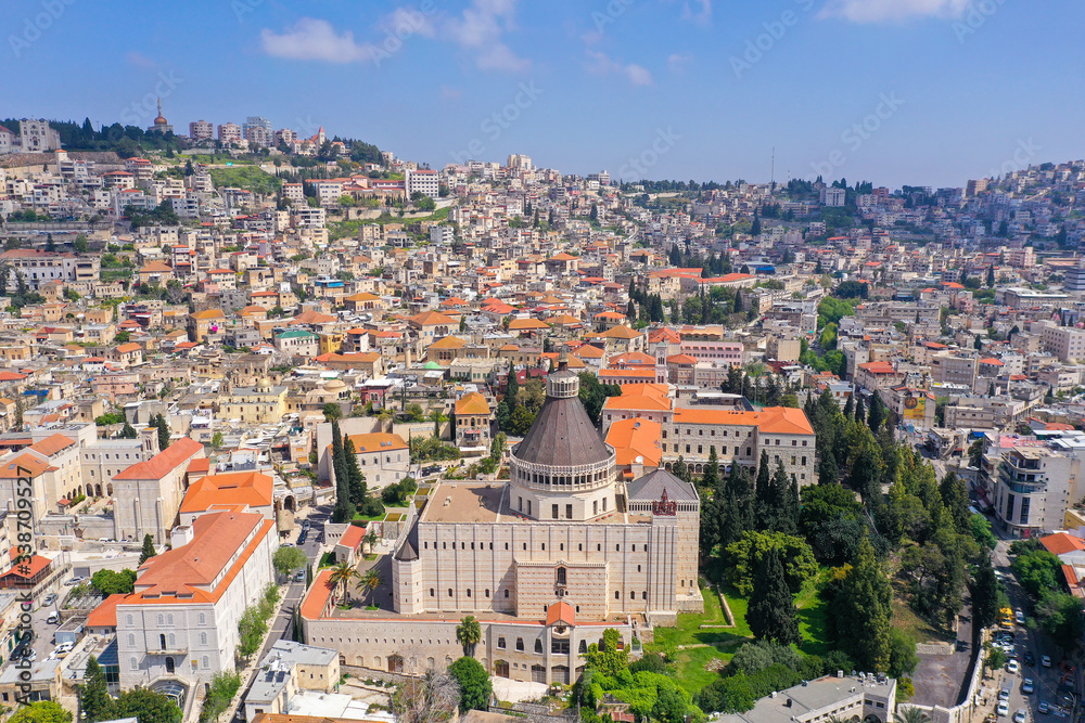 Aerial image of the Basilica of the Annunciation over the old city houses of Nazareth