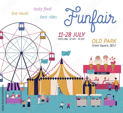 Amusement park poster with circus, ferris wheel, cotton candy and ice cream booth. Cartoon tiny people have fun together isolated on white. Announcement family entertainment vector flat illustration