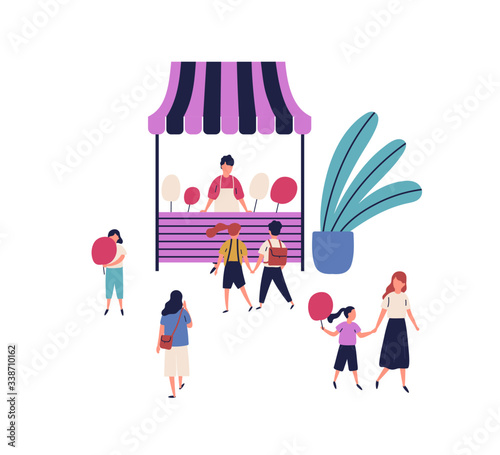 Cartoon seller of street cotton candy kiosk with families and kids isolated on white background