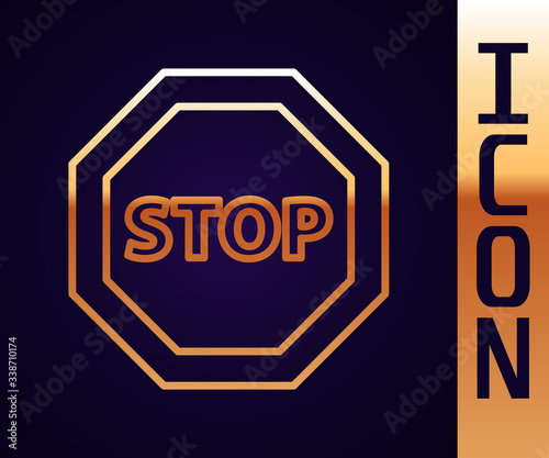 Gold line Stop sign icon isolated on black background. Traffic regulatory warning stop symbol.  Vector Illustration