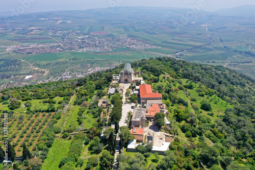 Church of the Transfiguration on top of Mt. Tavor, Israel. Aerial image.
 photo