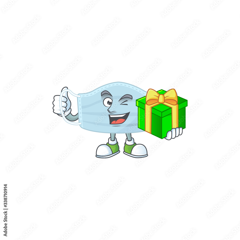 Smiley surgery mask cartoon character holding a gift box
