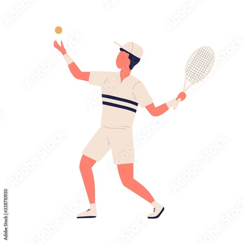 Active cartoon man in sportswear tossing up ball and hitting racket vector flat illustration. Colorful male sportsman playing big tennis isolated on white background. Professional sport player guy