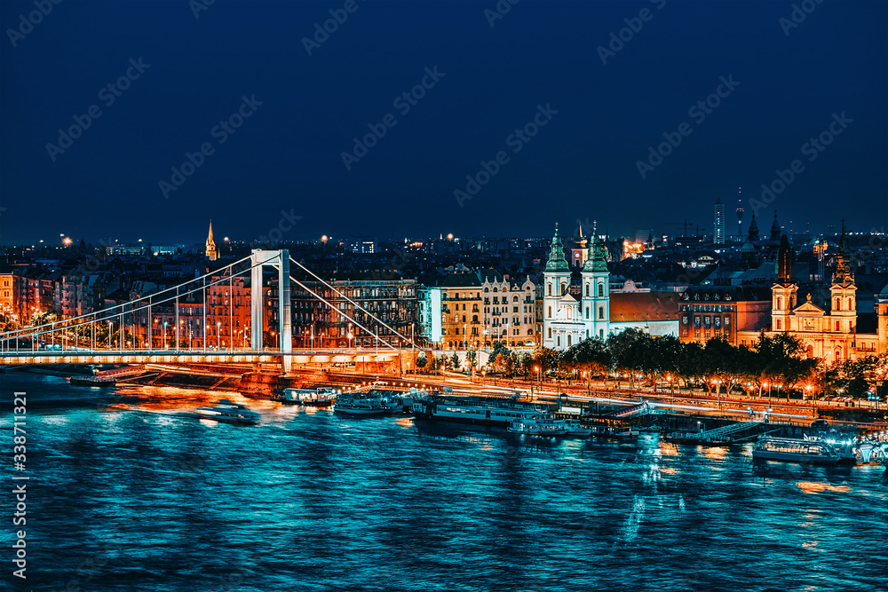 Panorama View on Elisabeth Bridge and Budapest,bridge connecting Buda and Pest parts.Night Time.