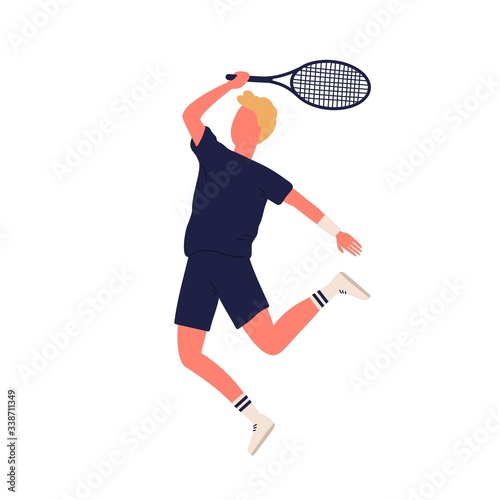 Cartoon sportsman smash racket playing big tennis isolated on white background