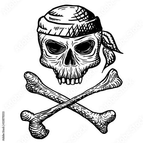 Hand drawn skull of a dead man in a bandana, with crossbones, on a white background. Vector illustration (ID: 338711353)