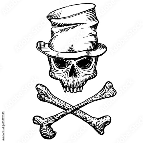 Hand drawn skull of a dead man in a crumpled top hat, with crossbones, on a white background. Vector illustration (ID: 338711393)