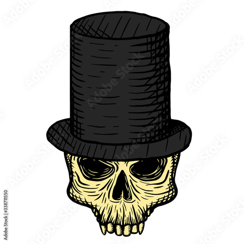 Hand drawn skull of a dead man in a black top hat, on a white background. Vector illustration (ID: 338711550)