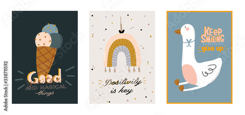 Cute baby shower in scandinavian style including trendy quotes and cool animal decorative hand drawn elements. Cartoon doodle kids illustration for nursery room decor, children design. Vector.