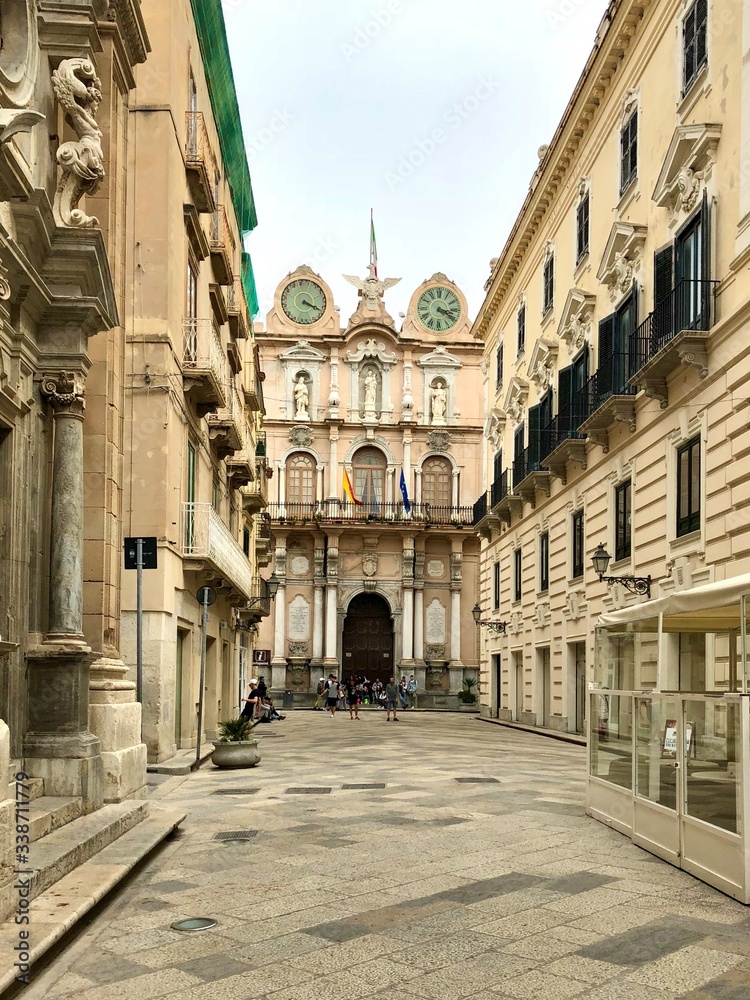 View of the palace, Palazzo Senatorio, Cavaretta, twin Clocks Tower. Trapani. Sicily. Italy