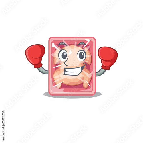 A sporty boxing athlete mascot design of frozen chicken with red boxing gloves