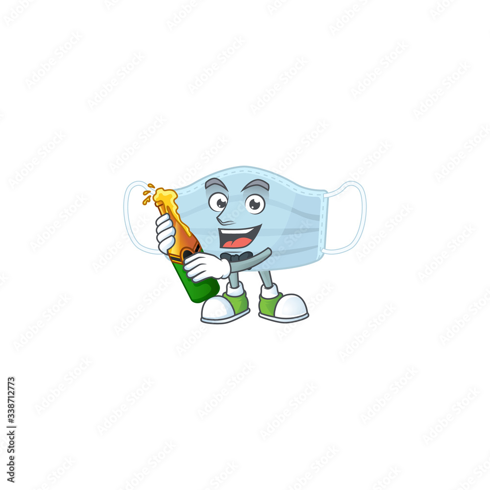 Mascot cartoon design of surgery mask making toast with a bottle of beer