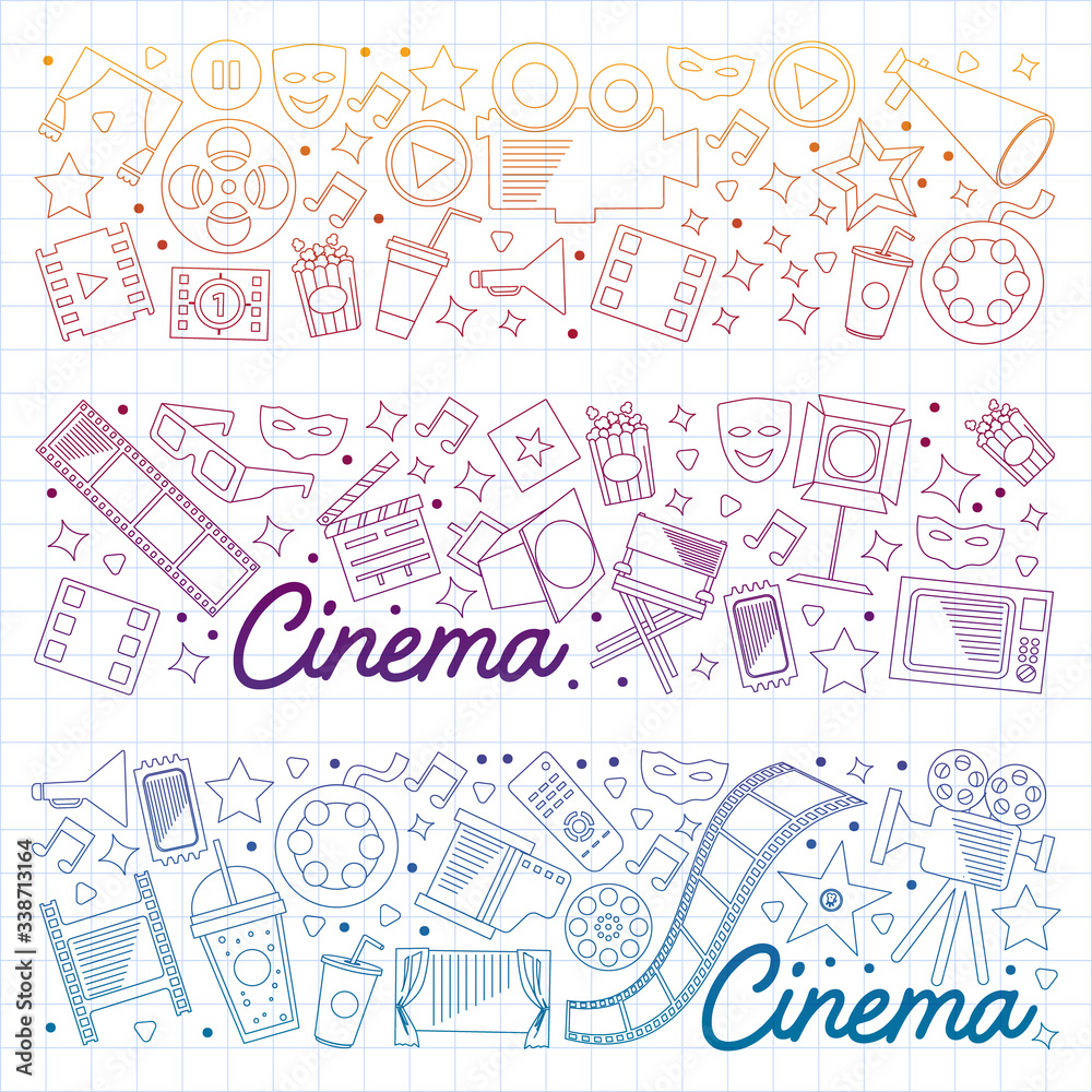 Cinema, video. Doodle set of vector icons. Megaphone, camera, movie. Musical theathre, entertaiment. Cinema, video. Doodle set of vector icons. Megaphone, camera, movie. Musical theathre, entertaiment.