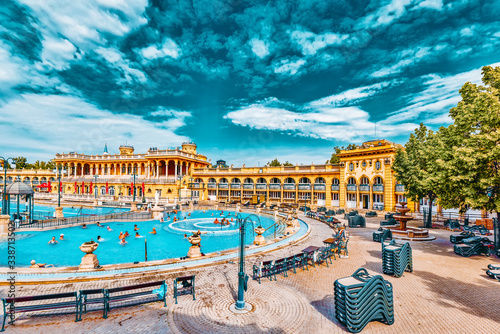 BUDAPEST, HUNGARY, - MAY 05, 2016 Courtyard of Szechenyi Baths, Hungarian thermal bath complex and spa treatments.