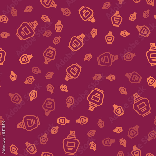 Brown line Perfume icon isolated seamless pattern on red background.  Vector Illustration