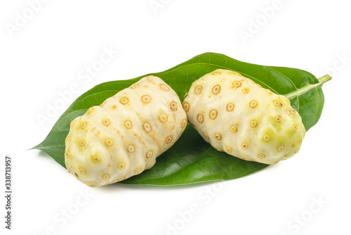 Great morinda, Tahitian noni, Indian mulberry, Beach mulberry (Morinda citrifolia) isolated on white background. concept Herbal and Vegetable extracts are medications for Reduce heart disease risk photo