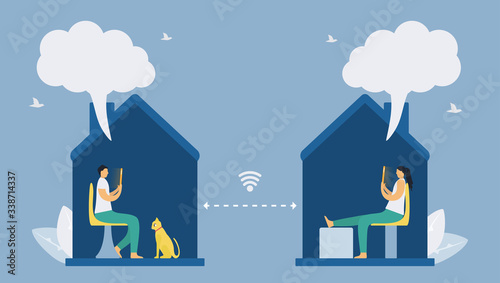 Online communication with smartphone technology. Social distancing design for the trend of this year. It is a coronavirus or COVID-19. Vector illustration is in flat style. Work from home.