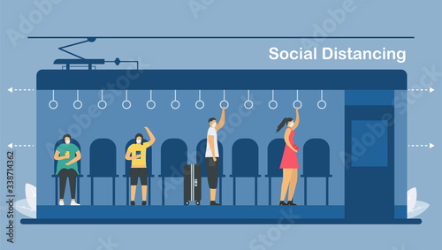 Social distancing in electric train. Sit and stand away from people. Save life from coronavirus outbreak. Vector illustration designs in flat style.