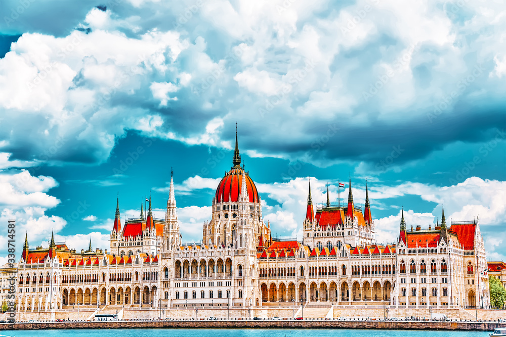 Hungarian Parliament at daytime. Budapest. View from Danube riverside.