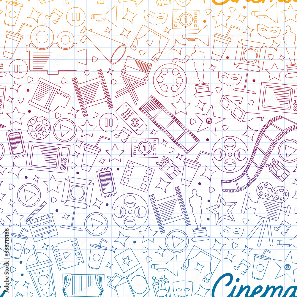 Cinema, video. Doodle set of vector icons. Megaphone, camera, movie. Musical theathre, entertaiment. Cinema, video. Doodle set of vector icons. Megaphone, camera, movie. Musical theathre, entertaiment.