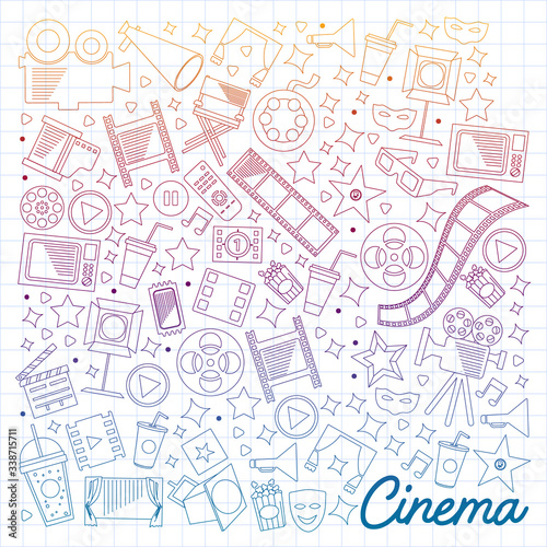 Cinema, video. Doodle set of vector icons. Megaphone, camera, movie. Musical theathre, entertaiment.