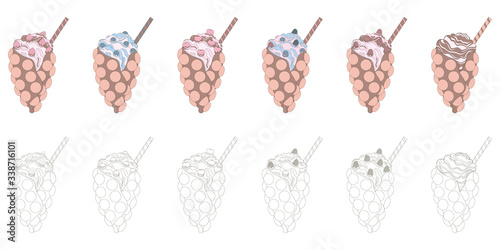 Set of bubbly Hong Kong wafers. Egg waffles with strawberry, blueberry, cherry, wild berry, raspberry and chocolate filling. Clip art of Chinese desserts in delicate colors and black and white. Vector