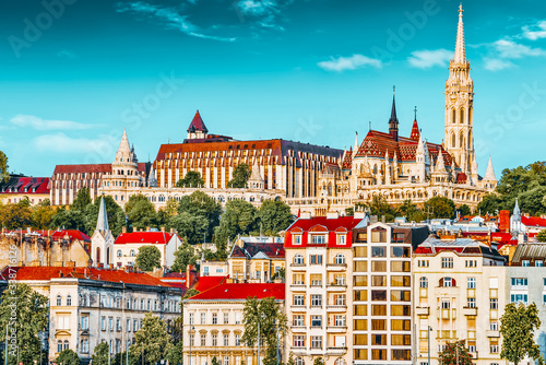 Church of St. Matthias and Fisherman's Bastion from the shore of the Danube. Budapest. Hungary